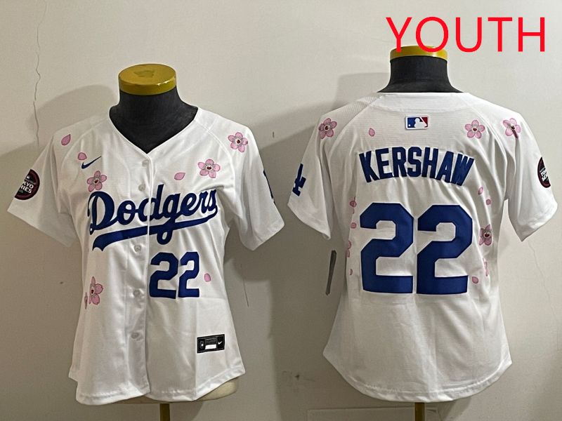 Youth Los Angeles Dodgers #22 Kershaw White Sakura Edition 2025 Nike MLB Jersey style 3->youth mlb jersey->Youth Jersey